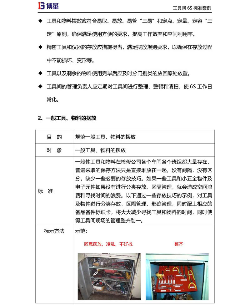 工具间一般工具，物料的摆放