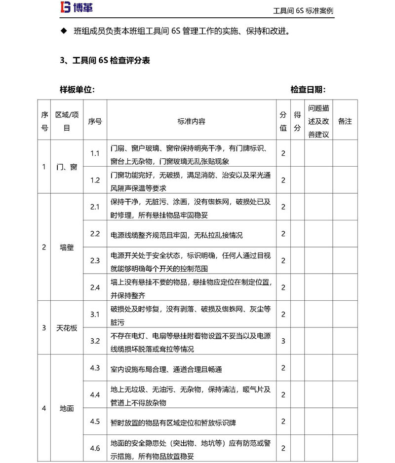 工具间材6S检查评分标准